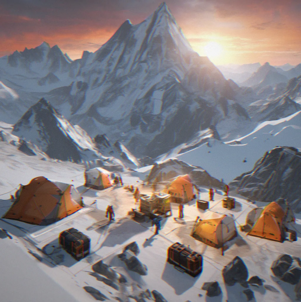 Procedurally-generated base camp with supply crates, equipment progression tiers, and resource inventory UI overlay