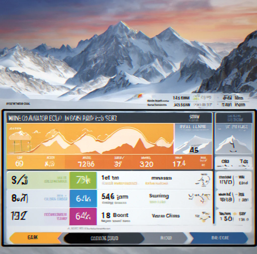 Real-time weather panel showing wind speed, chill factor, precipitation forecast, and avalanche danger rating for current peak