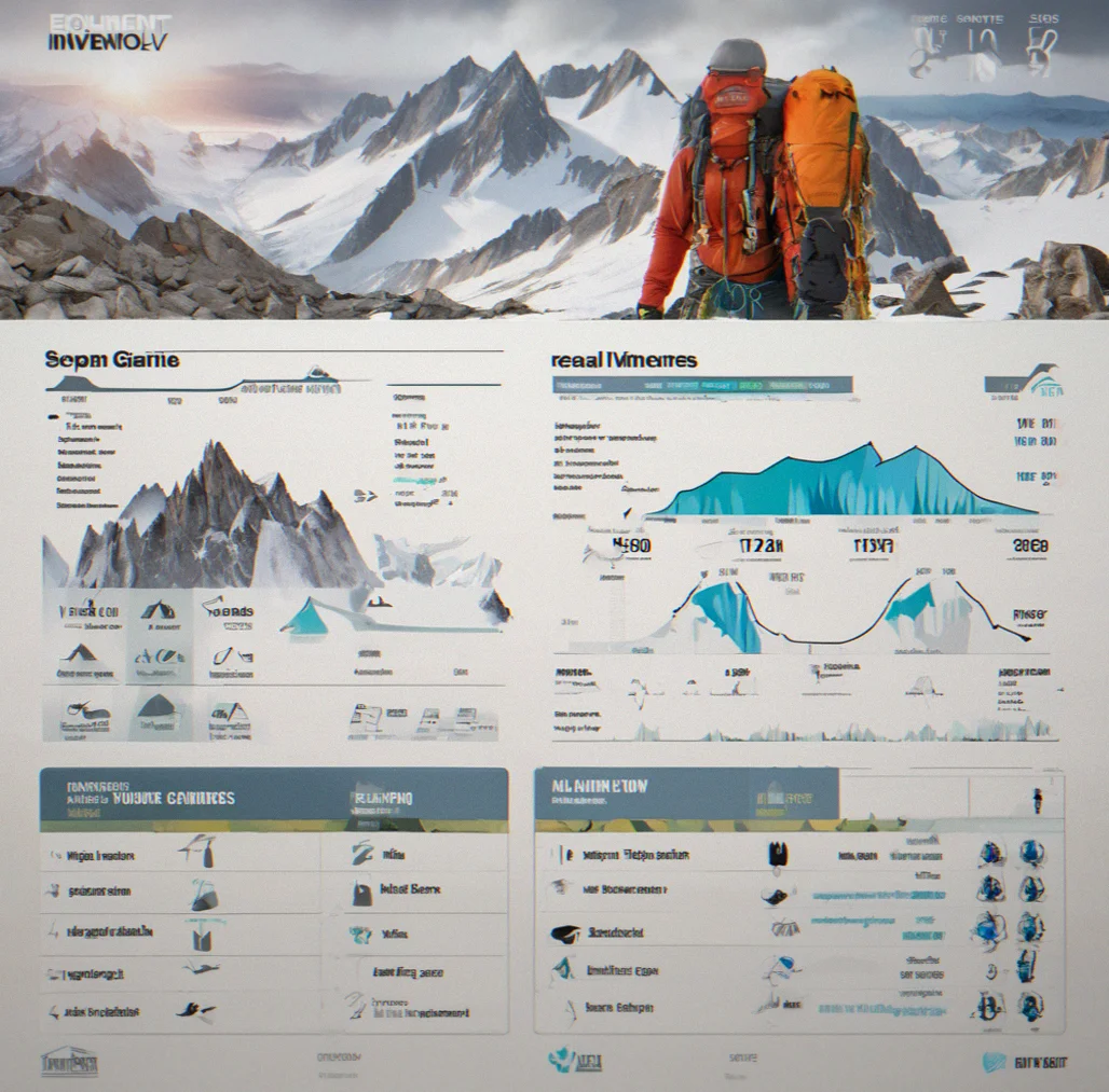 Equipment inventory screen showing tiered thermal gear, crampons variants, oxygen cartridges, and rope types with stats