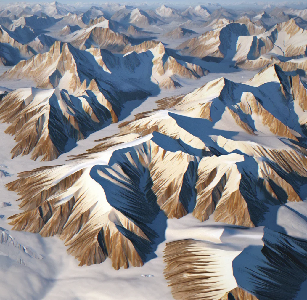 Overhead map view of procedurally-generated mountain range with unique slope patterns, crevasse networks, and elevation contours