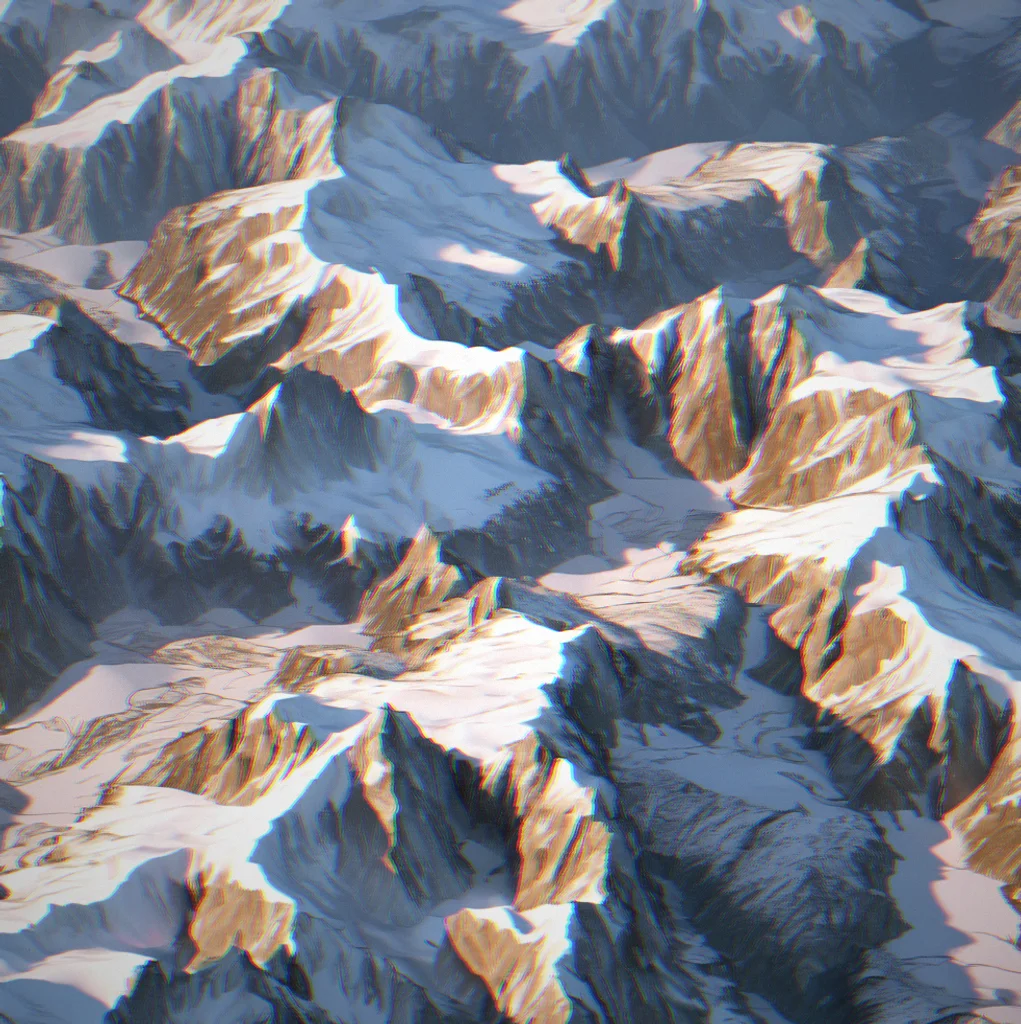 Overhead map view of 43 unique procedurally-generated peaks with varied elevation profiles and terrain complexity