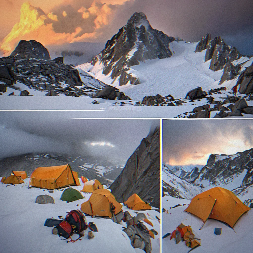 Base camp setup at dawn with supply tents, rope racks, equipment staging area, and storm clouds approaching from the west