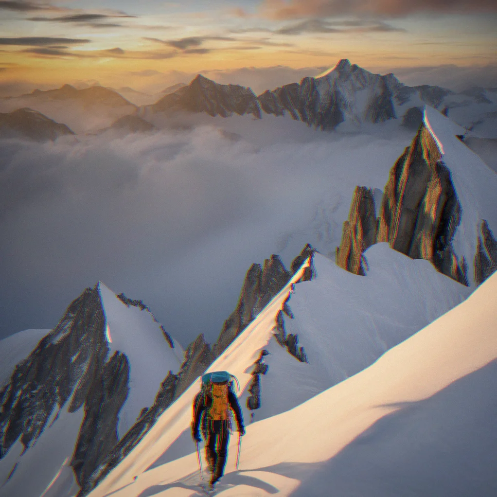 Climber navigating exposed ridge at 6,500 meters with wind-carved snow formations and visible crevasse field below