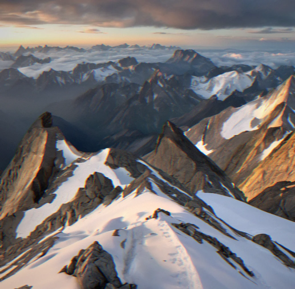 Summit view at 7,243 meters with clear skies breaking through cloud layer below, adjacent peaks visible in distance, oxygen meter critical