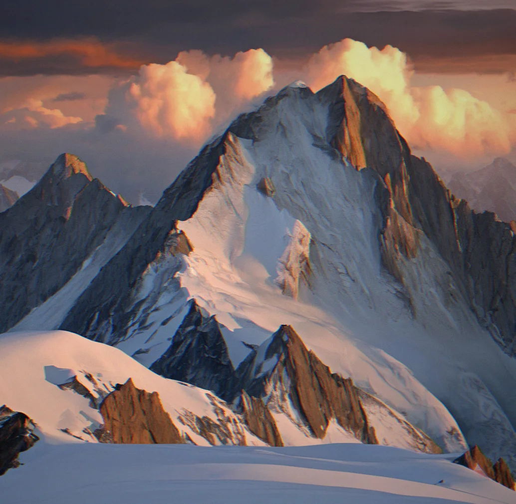 Mountain ridge at dawn with storm clouds moving in over a procedurally-generated peak, glacial terrain viisible below with altitude markers